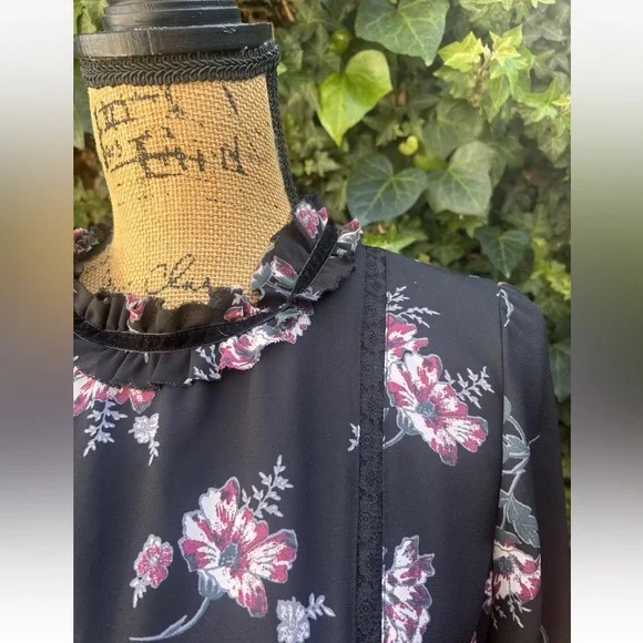 June & Hudson Black Maxi Dress Whimsigoth Boho Goth Floral Ruffles Lace Velvet - Picture 8 of 13